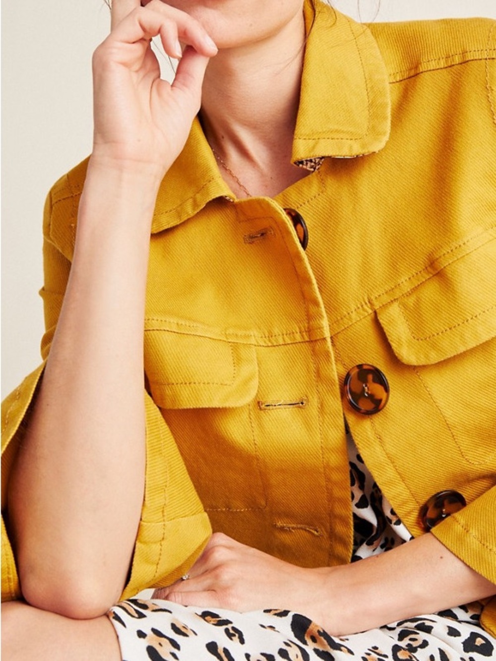 Anthropologie Mustard Denim Jacket with Tortoiseshell Buttons